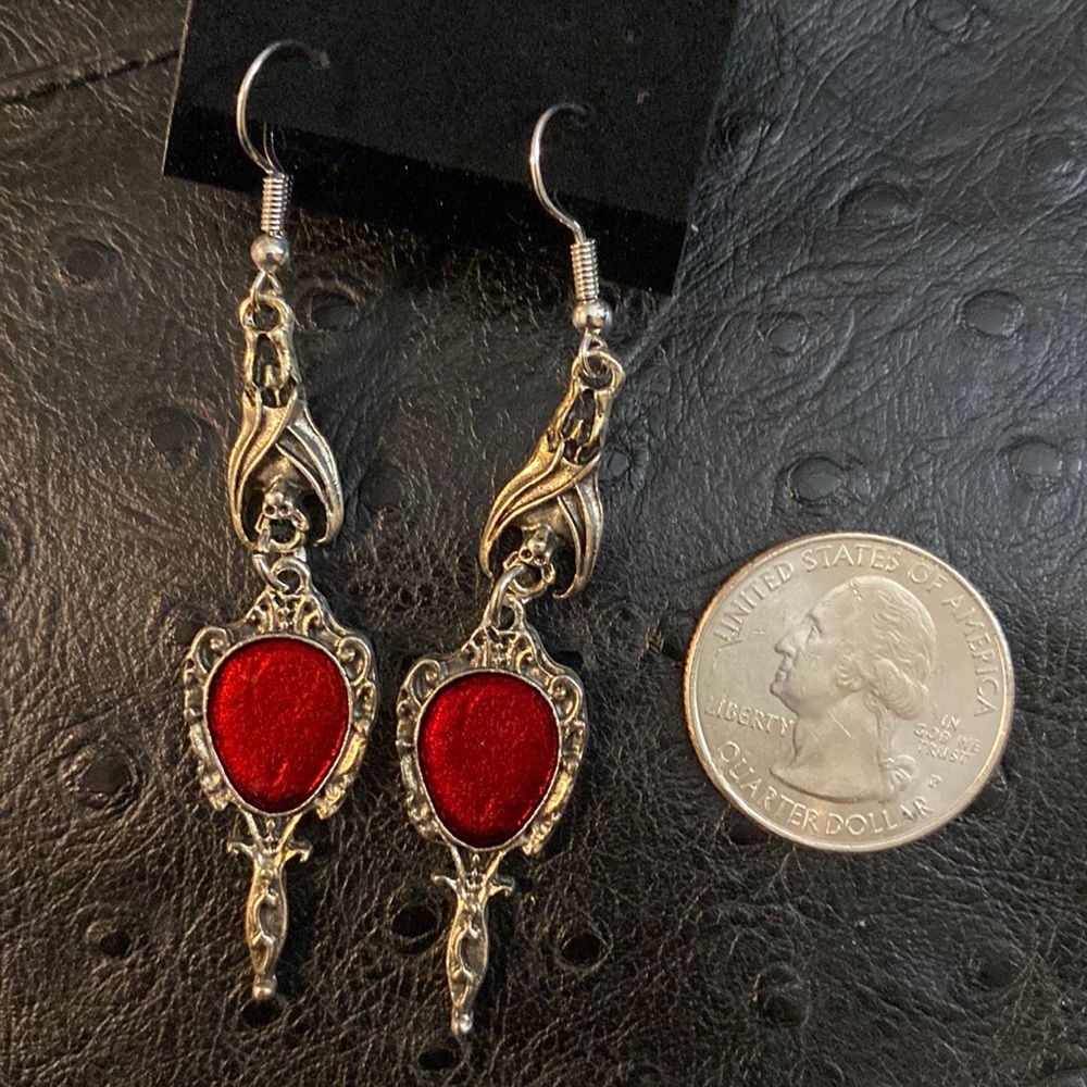 Gothic red and silver mirror and upside down bat dangling earrings